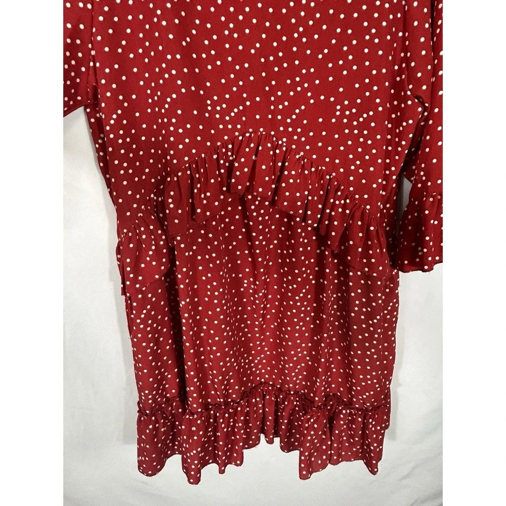 Unbranded Red Polka Dot Ruffle Tiered Dress Size‎ L Plunge Collar Twee Secretary - Picture 6 of 10
